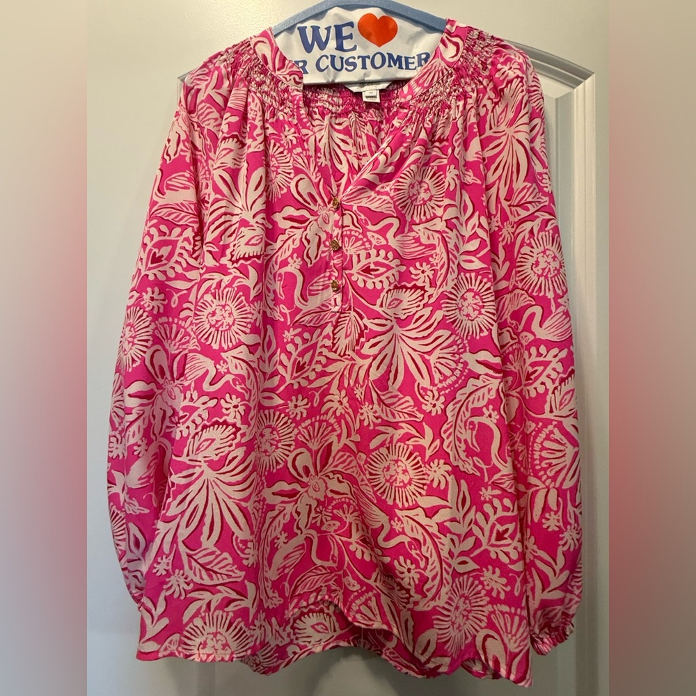 Lilly Pulitzer Pink and White Elsa silk Floral Top